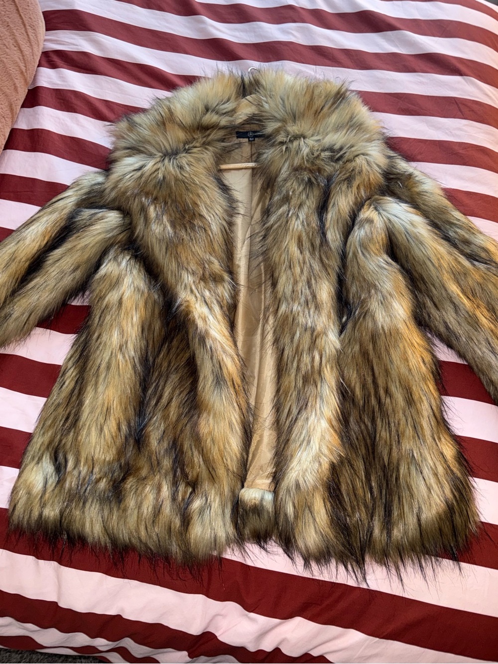 Missguided Faux Fur Pea Coat in Brown Multi